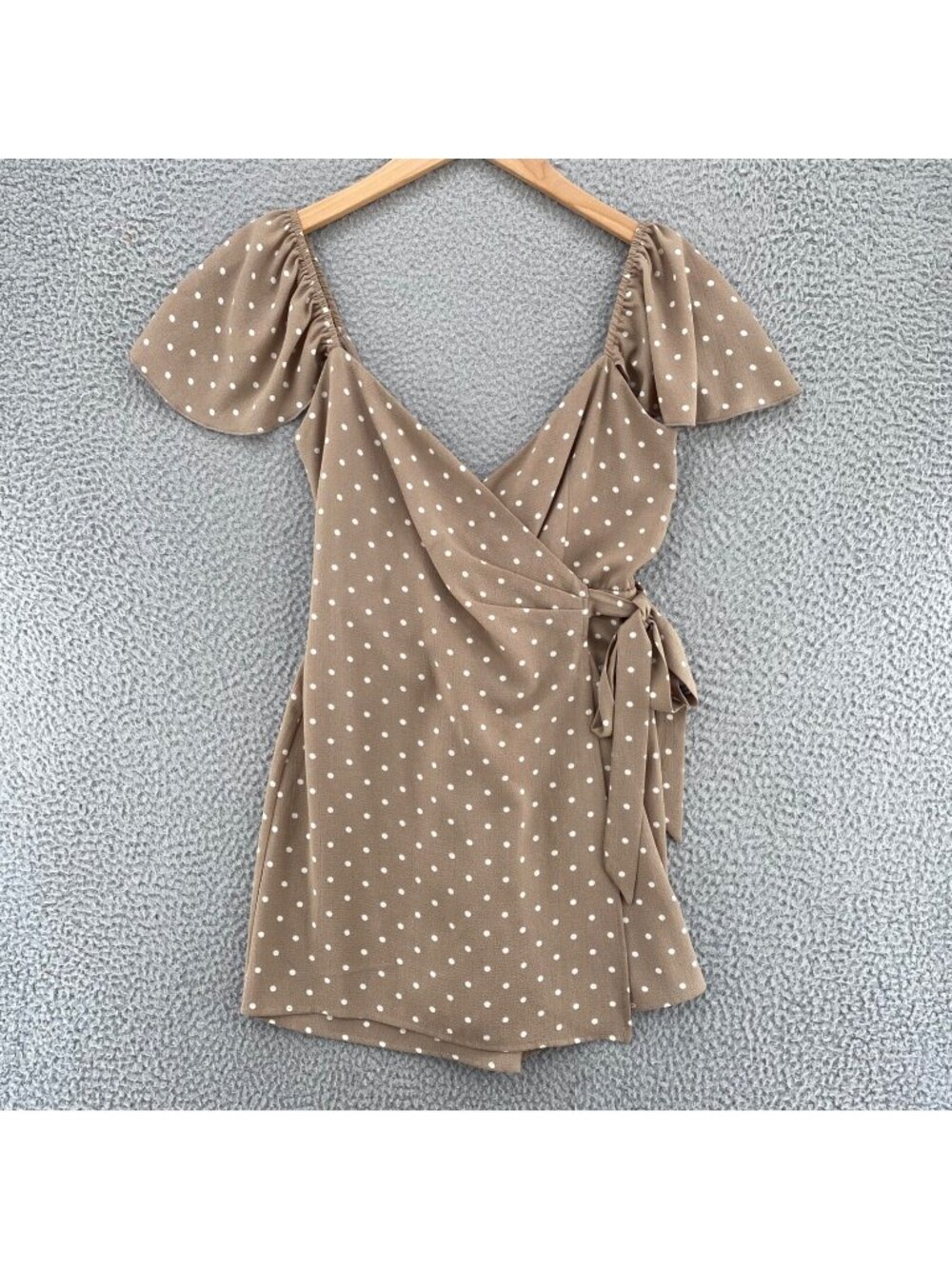 Show Me Your Mumu Romper Women Extra Small Elena Brown Dot Wrap Flutter Sleeves